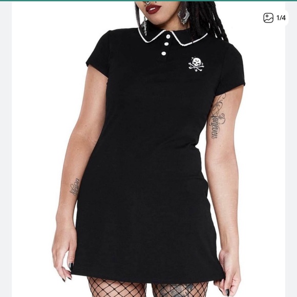 KILLSTAR / black skull crossbones DIY distressed short sleeve polo top / M - Picture 2 of 8